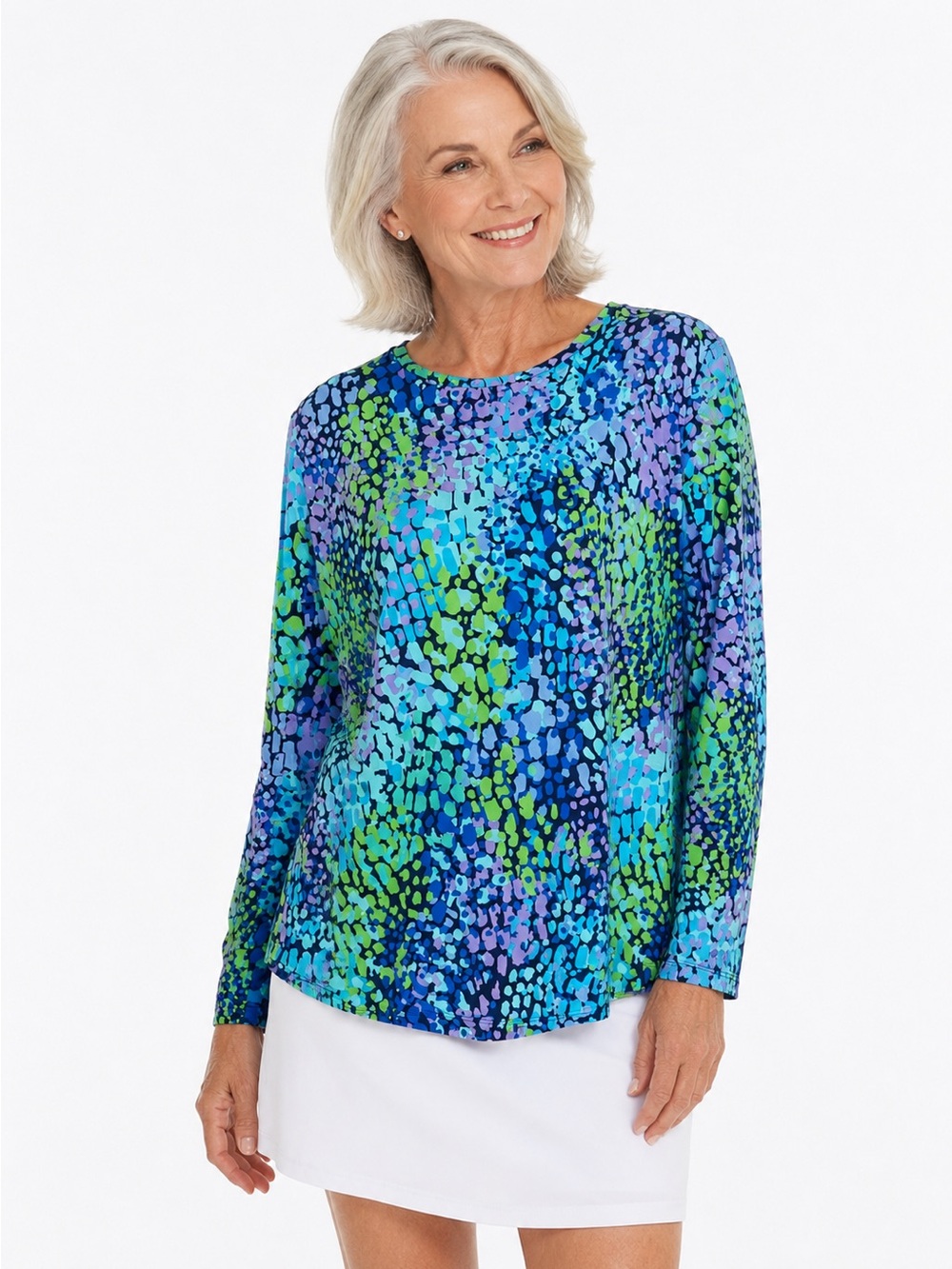 IBKUL Eloise UPF 50+ CoolFeel Long Sleeve Performance Top Blue Green Print Sz XL